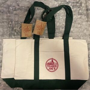 2 New Green Trader Joe's Canvas Tote